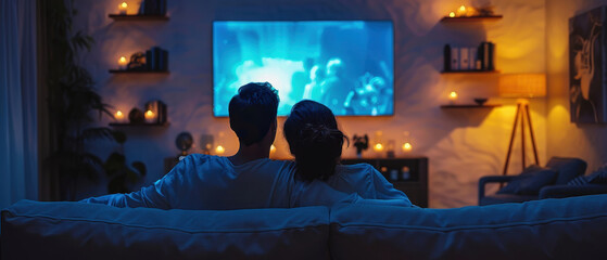 Back view of Couple watching movie on sofa at night