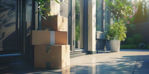 Delivery of parcel boxes to the entrance of a residential property through online shopping.
