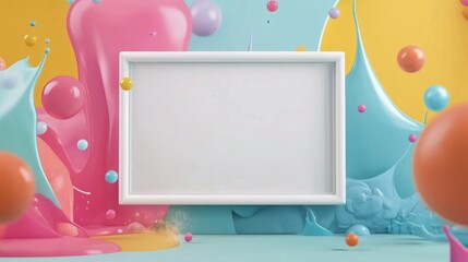 Obraz premium Colorful geometric shapes scattered around a blank canvas on a bright blue background