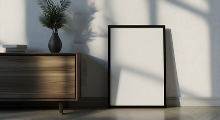 A mockup of an empty white poster frame leaning against a sideboard in a modern Scandinavian living room, with a hardwood floor and light wood paneling walls featuring vertical lines.