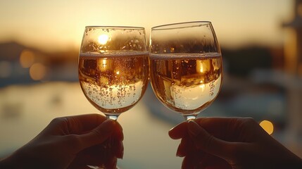 Celebrating a warm evening with sparkling wine in glasses against a sunset backdrop by the water
