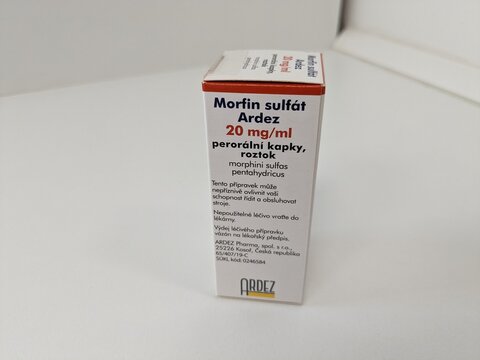 Prague,Czech Republic-October 9 2024: MORFIN SULFAT by ARDEZ contains MORPHINE SULFATE, an opioid analgesic used to treat severe pain in patients requiring continuous pain management
