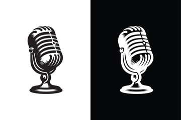 Classic Black And White Microphone Silhouette Vector Icon.