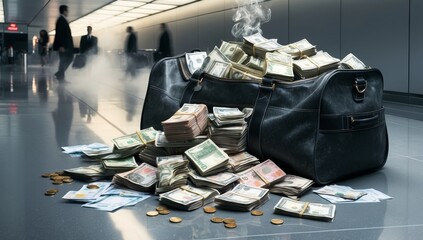Airport Scene with Money-Filled Duffle Bag for Economic Articles