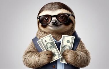 rich sloth boss with trendy glasses holds money dollars