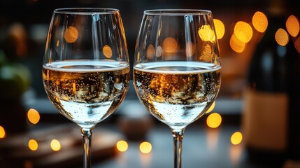 Two elegant wine glasses filled with sparkling white wine, illuminated by soft bokeh lights in a cozy setting during an evening celebration