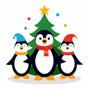 recommend clip art: Christmas Penguin line art illustration of tree
