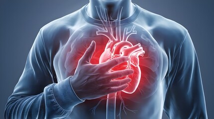Man Gripping Chest With Visible Heart Anatomy Illustration
