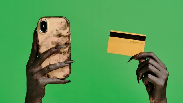 Creepy halloween devil monster hand in black paint with black nails taps card number in smartphone app, isolated on chroma key green screen, workspace mockup.