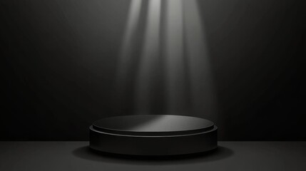 A darkened performance stage with focused overhead lights highlighting a circular platform