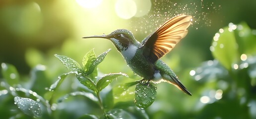 Naklejka premium A hummingbird perched on a branch with its wings spread, surrounded by water droplets and green foliage.
