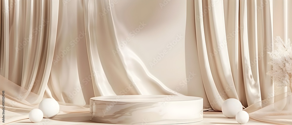 Poster soft drapery and neutral tone display setting