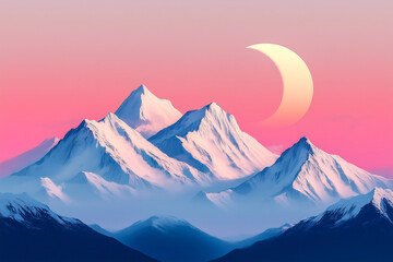 Serene mountain vista under the soft light of a crescent moon, with snow-capped peaks shimmering in the moonlight