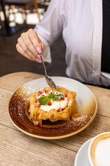 Delicious restaurant dessert, cheesecake. Close up