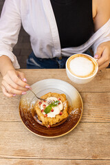 Delicious restaurant dessert, cheesecake. Close up