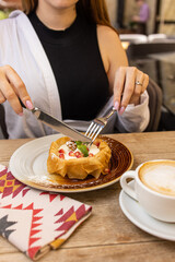 Delicious restaurant dessert, cheesecake. Close up