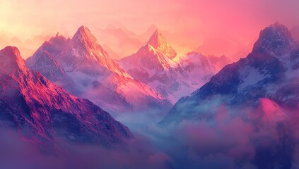A stunning digital art piece depicting an ethereal mountain range under the...