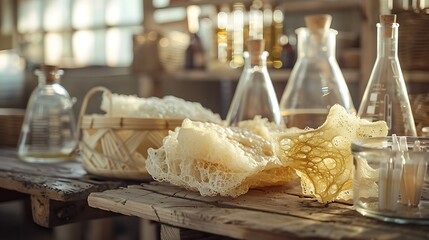 Loofah next to a wooden table with an array of erlenmeyer flasks