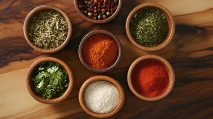 Colorful Spices in Wooden Bowls on Rustic Table