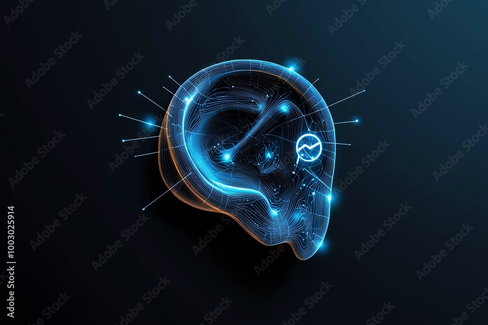 Poster Abstract ear icon, using minimal lines and geometric shapes to represent the human ear system in a clean design