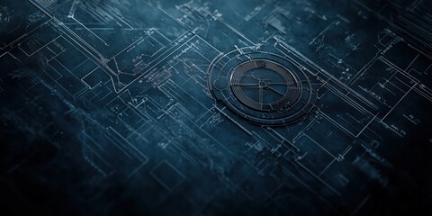 A highly detailed architectural layout with faint lines and grids in a dark gray-blue setting, capturing an industrial and technical aesthetic for professional visuals