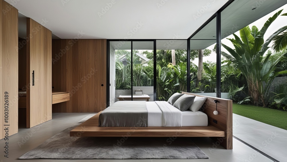 Wall mural Minimalist Interior design bedroom with tropical graden