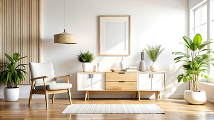 Home mockup, white room with natural wooden furniture, 3d render, white Mock up frame