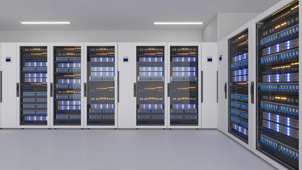 Shot of Data Center With Multiple Rows of Fully Operational Server Racks. Modern Telecommunications,Data center cooling,server room,3d rendering