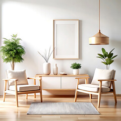 Fototapeta premium Home mockup, white room with natural wooden furniture, 3d render, white Mock up frame