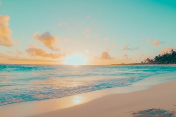 Fototapeta premium Tranquil beach at sunset, with pastel hues painting the sky and gentle waves lapping the shore