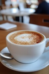 Obraz premium A warm cup of layered latte served in a glass mug on a wooden table in a cozy cafe setting