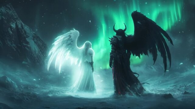 An angel and a demon standing back to back in a snowy landscape with the aurora borealis in the background.. AI Generation