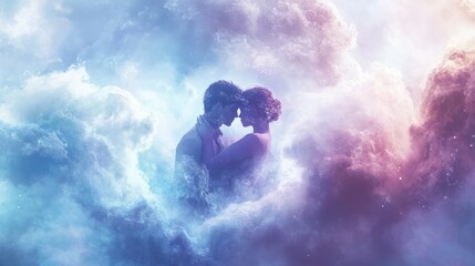 2 soulmates in an ethereal embrace with cloud and dream like background. Generative Ai.