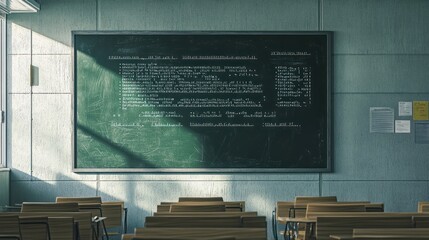 A chalkboard in a computer science classroom showing binary code and basic programming concepts