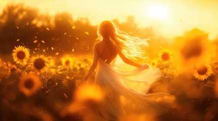 Fototapeta premium Young Woman in Flowing Dress in a Sunflower Field