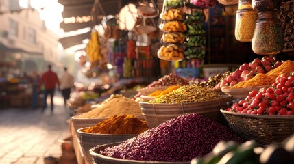 Fototapeta premium Busy Market Scene with Colorful Produce and Spices
