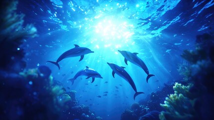 Fototapeta premium Vibrant Dolphins Swimming in Crystal Clear Water