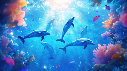 Fototapeta premium Dolphins in Crystal Clear Water Underwater Scene