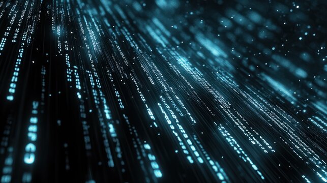 A dynamic and futuristic background featuring streams of binary code cascading down in a dark, digital environment, ideal for technology-related concepts.