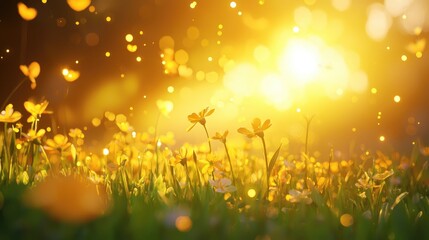 Fototapeta premium Golden Sunlit Meadow with Blossoms and Sparkling Light