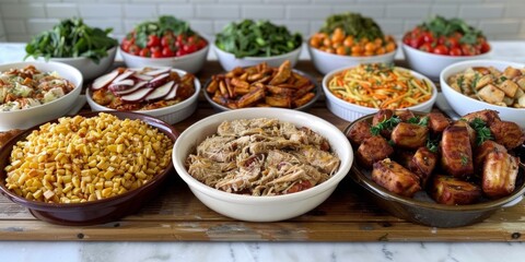 Obraz premium wide-angle shot of diverse buffet spread featuring various dishes, including vegetables, meats, side dishes, neatly arranged in bowls and plates. vibrant colors and abundance of food