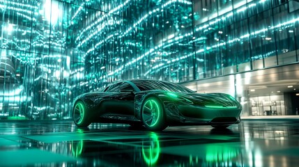 Futuristic electric car with green glowing wheels parked in front of a modern building with neon lights.