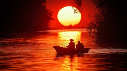 Silhouette of boat in river at sunset, Thailand