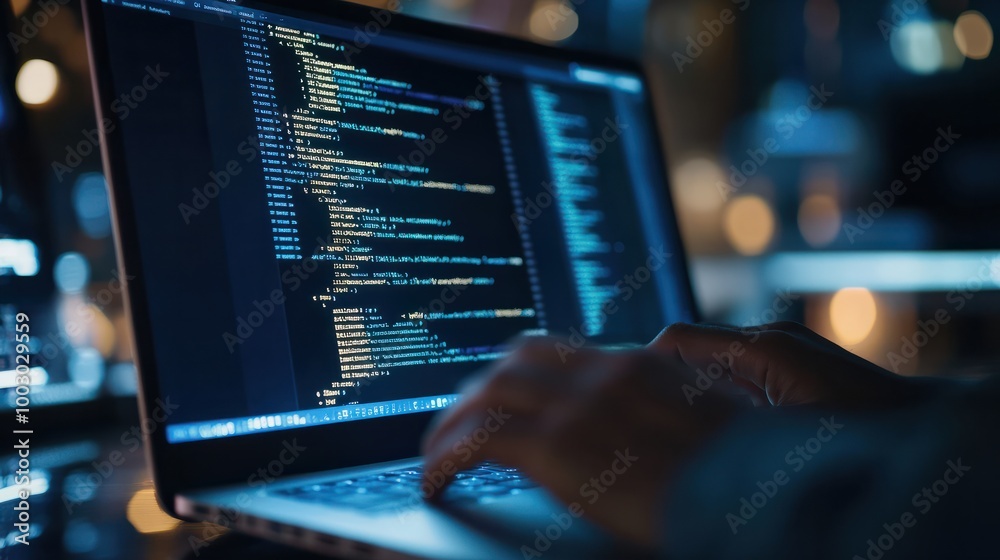 Poster a person programming on a laptop, with code visible on the screen, highlighting logical sequences an