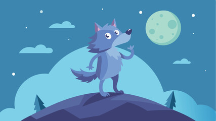A cartoon wolf gazes at the full moon from a grassy hilltop under a starlit sky during a serene night in a whimsical forest