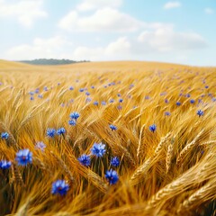 A field of ripe wheat with blue flowers in the foreground