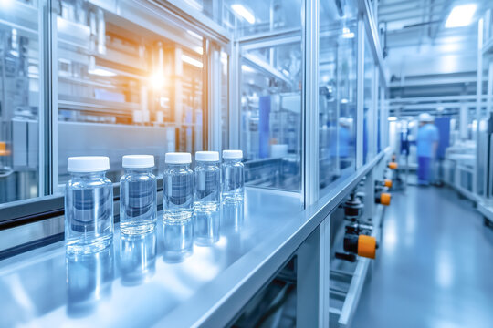Glass bottles on automated conveyor line. Life sciences industry, biotechnology. Pharmaceutical manufacturing, modern production factory.