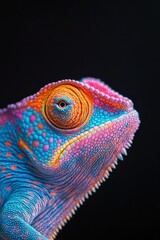 Fototapeta premium Colorful chameleon close-up revealed in vivid hues against a dark background