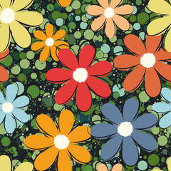 Colorful floral daisy flowers seamless pattern on dot point sparkly checkered background set. floral print