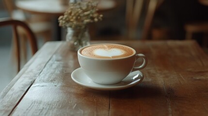 Obraz premium A steaming cup of coffee on a rustic wooden table in a vintage cafe setting